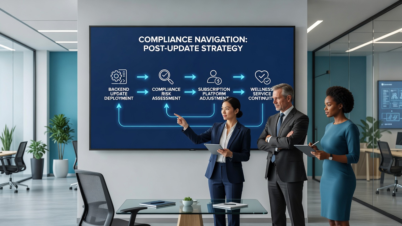 Compliance team reviewing updated wellness subscription data architecture and privacy controls
