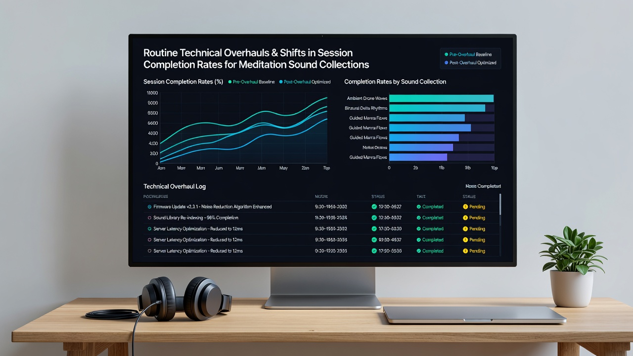 Analytics dashboard showing session completion trends for meditation audio tracks across multiple user cohorts